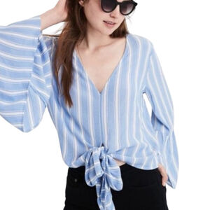 American Eagle Striped Tie Front Bell Sleeve Boho Blouse Medium Blue/White